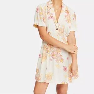 NWT Free People Dress Size S Cream Floral Print Hawaii Mini Viscose Airy Breezy